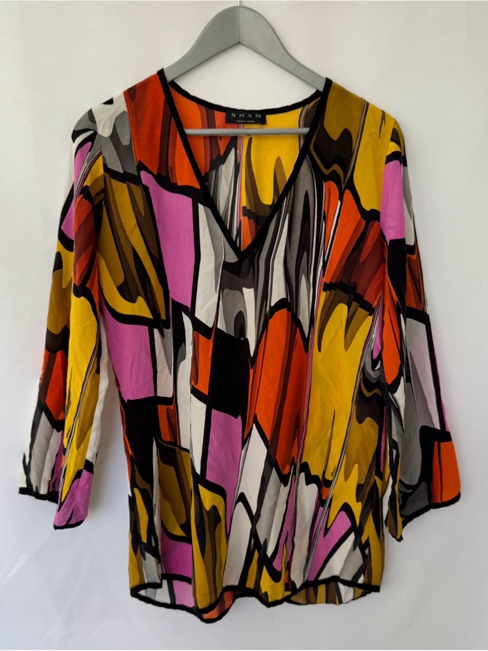 SHAN - Pink Orange Yellow Abstract V-Neck Blouse